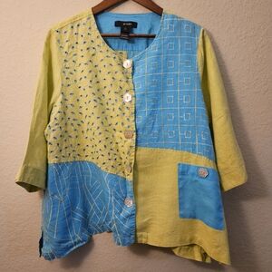 Ali Miles Linen Top Womens PXL Blue Yellow Patchwork Art To Wear Button Up Shirt